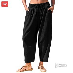 Wide Leg Harem Palazzo Capri Pants Drawstring Casual Cropped with Pockets